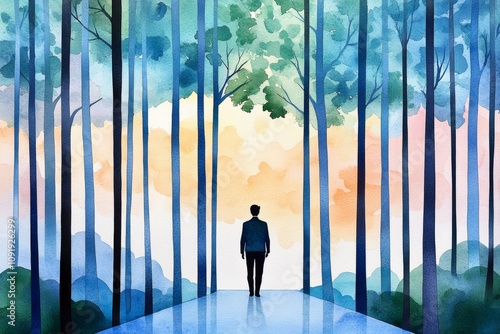 Secret agent depicted in soft watercolor tones, sneaking through a lush forest on a covert mission