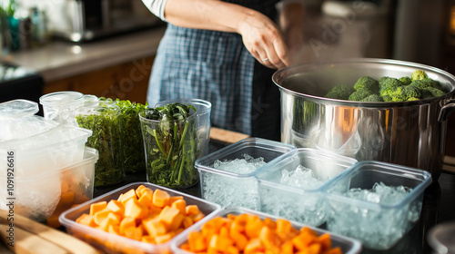 Chef blanching vegetables and preparing ingredients for freezing