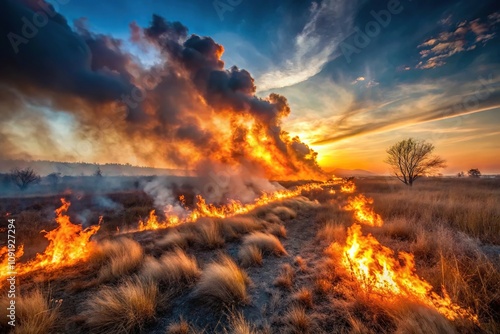 Wildfire, spreading, dry grassland, dusk, smoke, flames, destructive force, nature