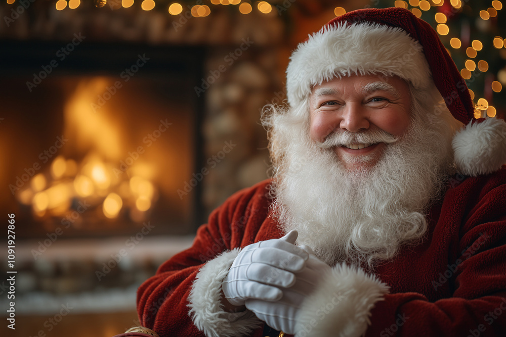 Jolly Santa Claus by Fireplace Christmas Cheer Festive Season Jolly Santa Claus by Fireplace Christmas Cheer Festive Season