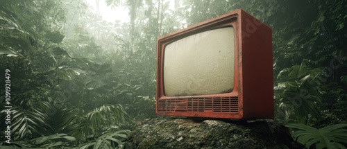 Fototapeta Naklejka Na Ścianę i Meble -  Abandoned retro tv displayed in lush jungle nature scene conceptual art surreal environment unique perspective