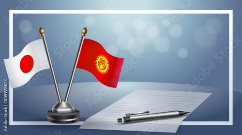 Japan and Kyrgyzstan Small national flag on bokeh background, cooperative relationship