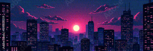 Pixel art cityscape with vibrant sunset over skyscrapers. Retro 1980s aesthetic. Nostalgic atmospheric urban scene in retrowave pixel art style. Night city with neon lights. Vector 8-bit illustration