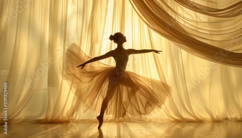 A silhouette of a ballerina practicing, with a backdrop of flowing, delicate fabrics