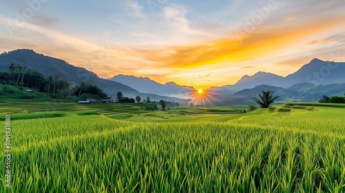 The vibrant hues of yellow, orange, and pink gradually illuminate the vast expanse of lush green rice paddies nestled amidst towering mountains