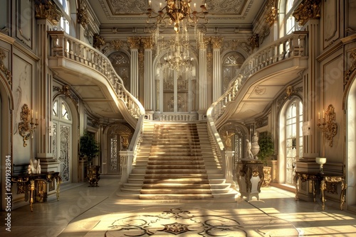 Wallpaper Mural A grand staircase with lavish detailing invites guests into a stunning mansion, bathed in warm sunlight filtering through large windows. Torontodigital.ca