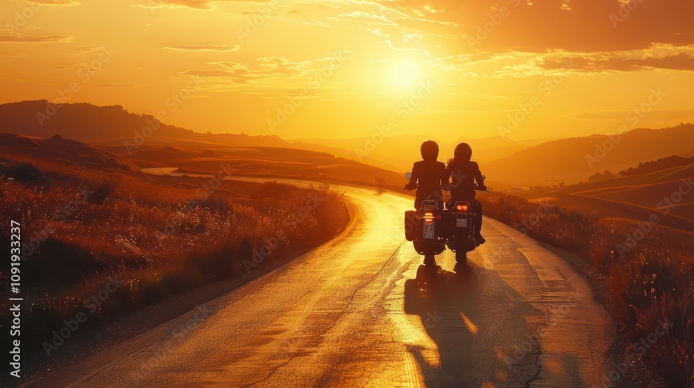 A silhouette of a couple on a motorcycle, with a winding road at sunset behind A silhouette of a couple on a motorcycle, with a winding road at sunset behind