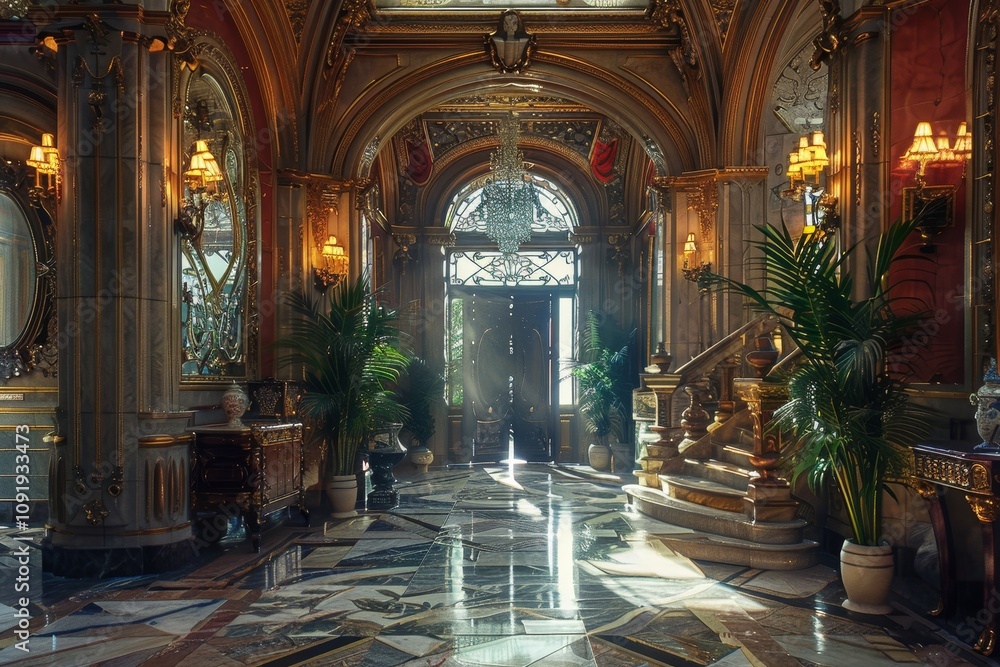 Obraz premium The grand entrance hall features rich architectural details, polished marble floors, and lush plants, illuminated by warm sunlight entering through the expansive doorway.