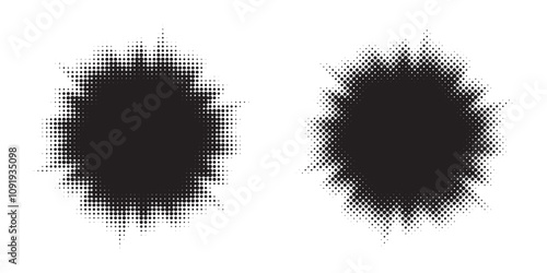 Halftone circle frame background set. Round border Icon using halftone random circle. Grunge circular stain. Vector illustration.