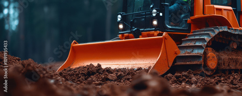 Closeup of a bulldozer blade pushing earth, with construction workers coordinating the heavy machinery s operation photo