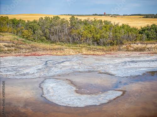 A large body of water with a red object in the distance photo