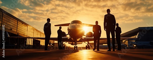 Business team analyzing a private jet at sunset, showcasing luxury travel and collaboration in aviation. photo