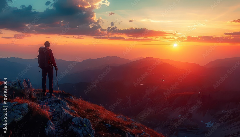 Fototapeta premium A silhouette of a hiker at a viewpoint, with a panoramic sunset mountain scene