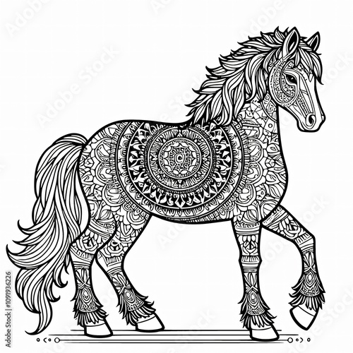 A horse with a very detailed and intricate design on its body. Mandala coloring page for kids. photo