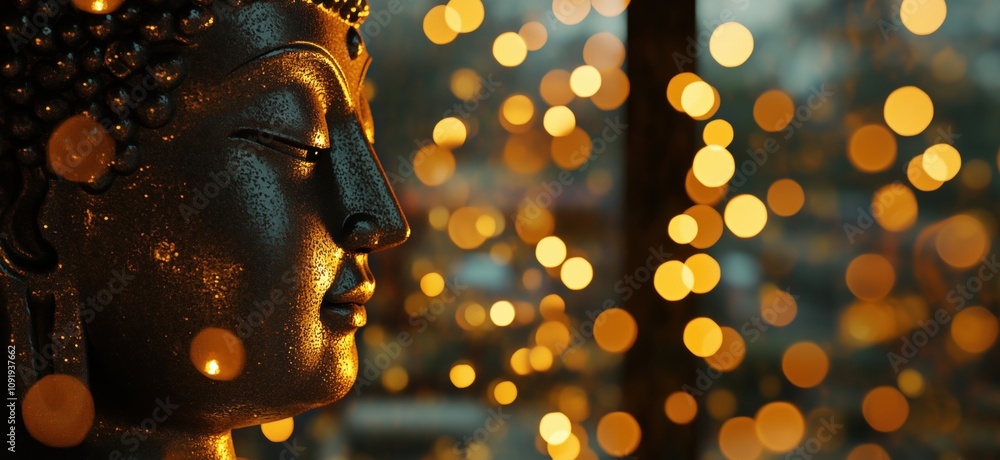 Obraz premium Buddha statue illuminated by bokeh lights, serene expression, intricate details, warm ambiance