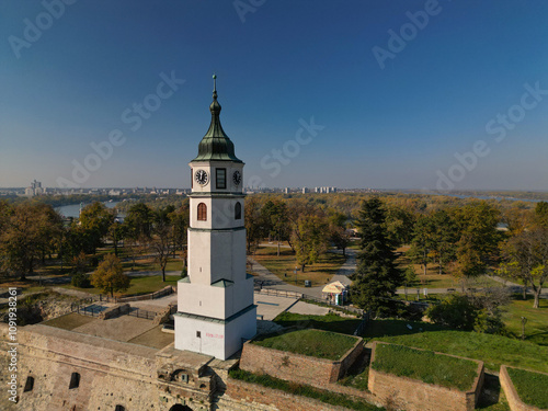 Clock Tower Sahat Kula in Belgrade - aerial view from drone, Serbia photo