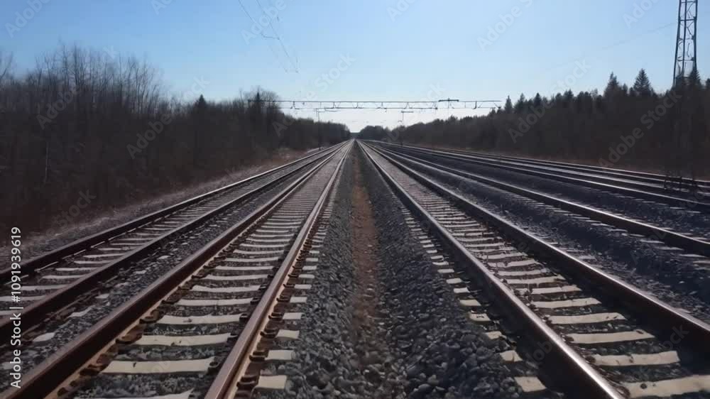A perspective view of train tracks stretching into the distance. A perspective view of train tracks stretching into the distance.