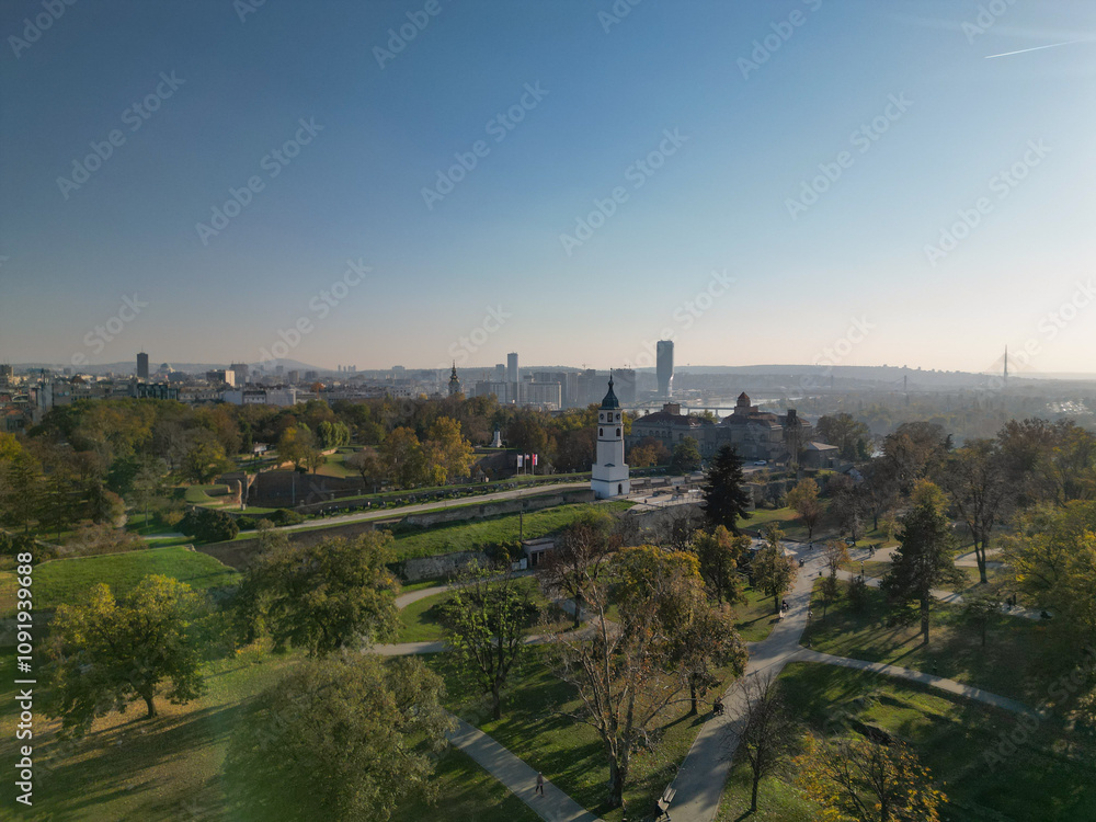 Clock Tower in Belgrade Fortress - aerial view from drone, Serbia Clock Tower in Belgrade Fortress - aerial view from drone, Serbia