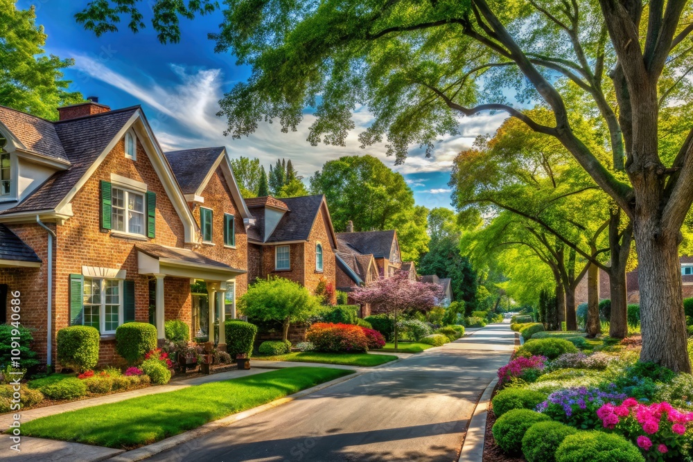Charming Suburban Street Scene with Brick Houses and Lush Green Trees: Tranquil Neighborhood, Scenic Views, and Cozy Homes Charming Suburban Street Scene with Brick Houses and Lush Green Trees: Tranquil Neighborhood, Scenic Views, and Cozy Homes