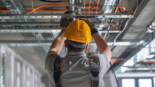 A team of workers are running wires and installing fire alarms throughout the building. photo