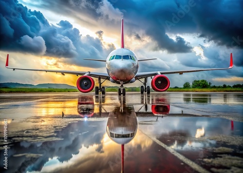 AirAsia Plane Taxiing Kota Bharu Airport Rain, Malaysia November 2023 - Realistic Photo photo