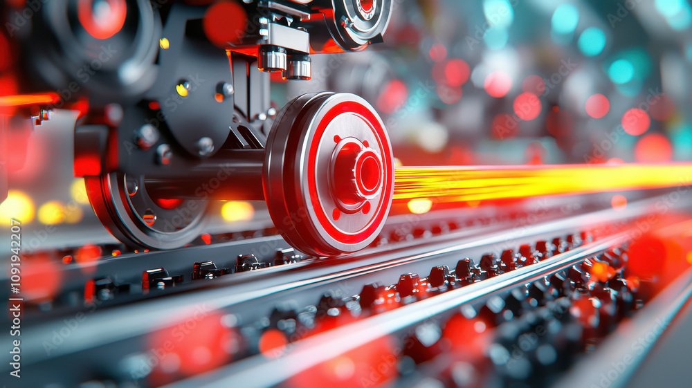 Obraz premium Rolling mill machinery with red hot steel bar, showcasing industrial processes and technology in action, highlighting precision and efficiency