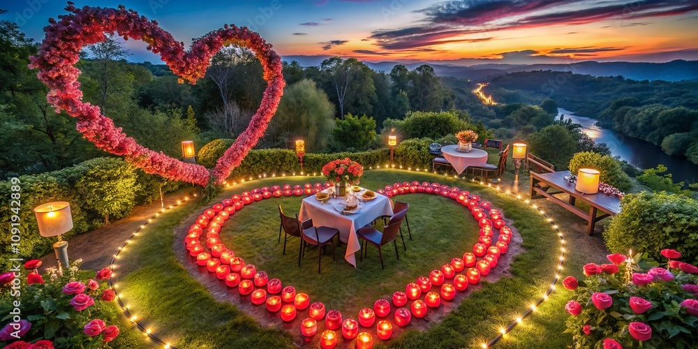 Fototapeta premium Aerial View of a Romantic Valentine's Day Celebration with Heart-Shaped Decorations, Candles, and Flowers in a Scenic Outdoor Setting Captured by Drone Photography