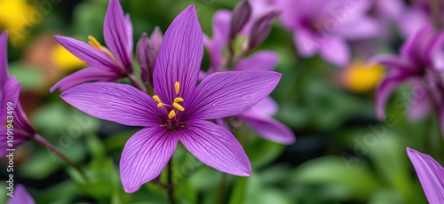 Purple flowers with vibrant petals and yellow stamens, showcasing intricate textures and colors in a lush green background