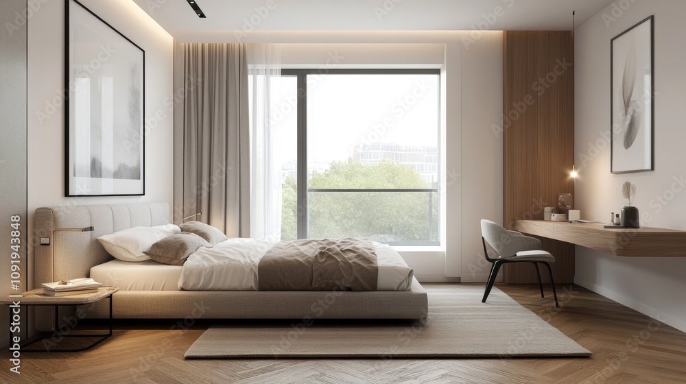 Fototapeta premium Modern bedroom with calming natural light.