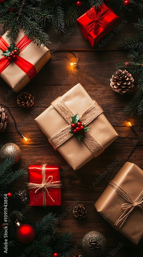 A festive arrangement of beautifully wrapped Christmas presents on a wooden background. A festive arrangement of beautifully wrapped Christmas presents on a wooden background.