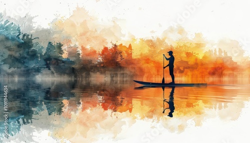 A silhouette of a person doing standup paddleboarding, with a watercolor lake scene