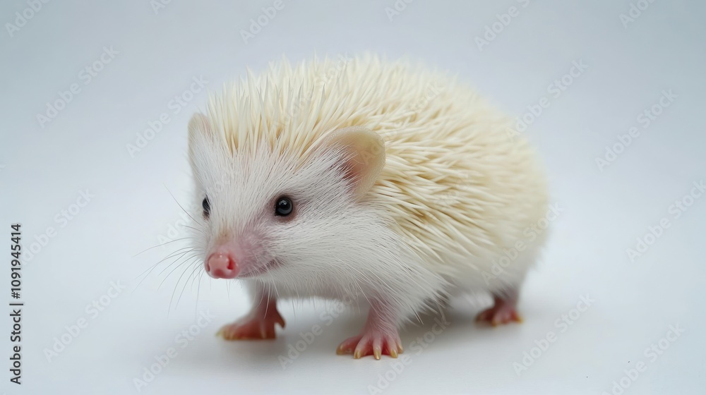 A cute white hedgehog with soft quills stands on a plain background. A cute white hedgehog with soft quills stands on a plain background.