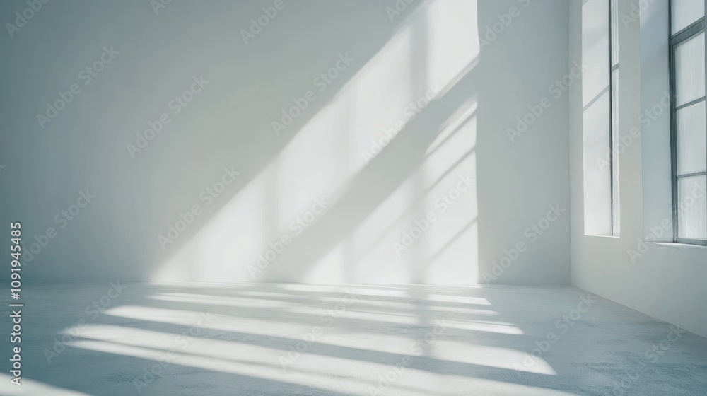 Obraz premium A minimalist room with sunlight casting shadows through large windows.