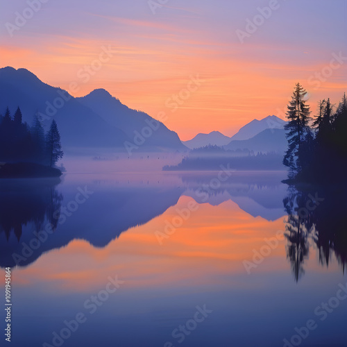 Tranquil Sunrise Over Serene Mountain Lake with Reflective Waters and Misty Morning Calm