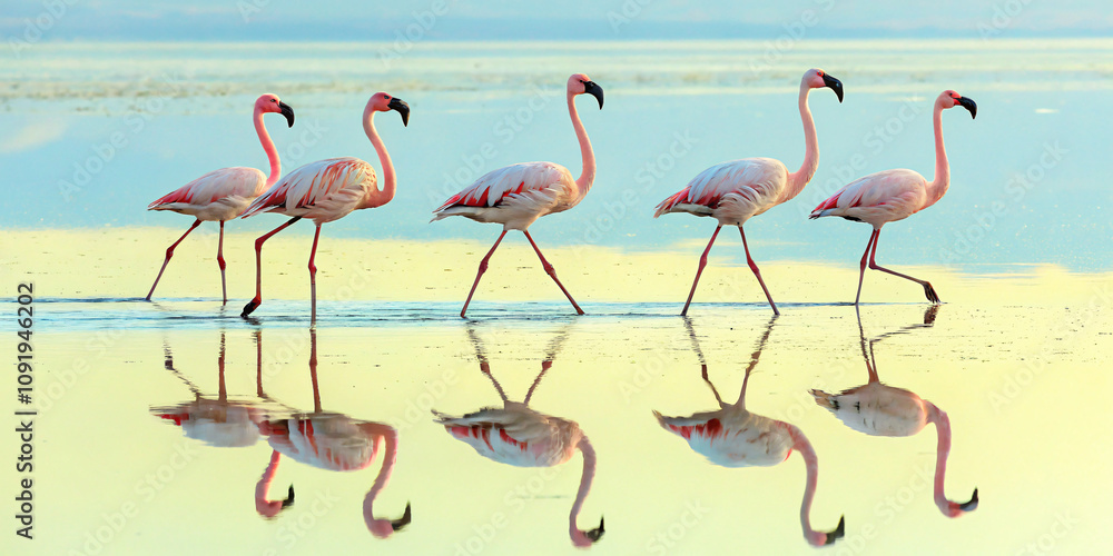 Fototapeta premium flamingos in water, reflection of pink feather animal