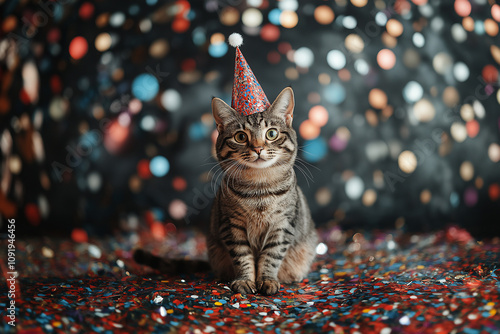 A festive cat amidst bright red confetti. A lively cat wearing a striped party hat sits surrounded by bright red and blue confetti against a vibrant red background, exuding joy and celebration. photo