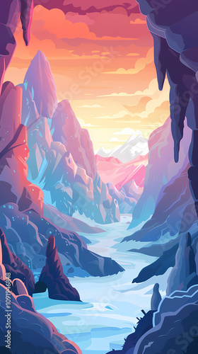 A stunning digital illustration of a picturesque canyon at sunset, featuring vibrant colors and dramatic rock formations.