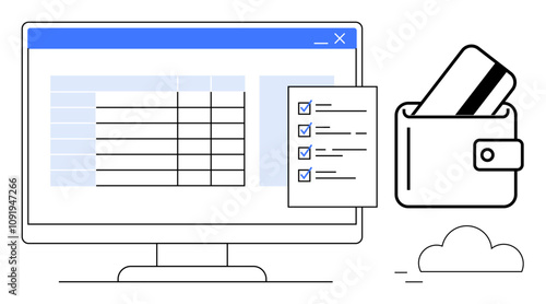 Desktop monitor displaying spreadsheet, checklist with checkmarks, and wallet with credit cards. Ideal for budgeting, financial planning, online payments, organizing tasks, personal finance