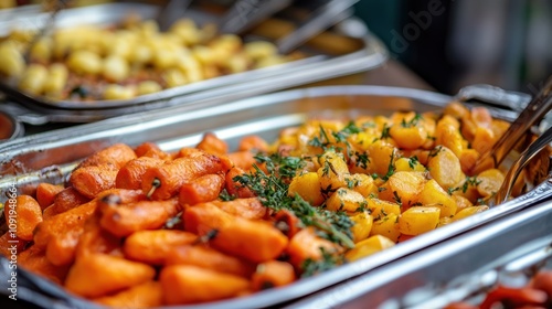 A buffet display of roasted carrots and squash garnished with herbs.