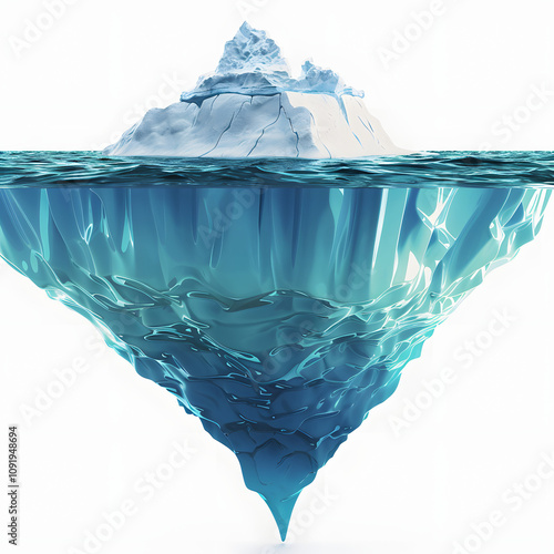 vivid image of iceberg above and below water showcasing hidden mass. concept nature, iceberg, hidden, contrast, environment with a white accent, space for captions, png