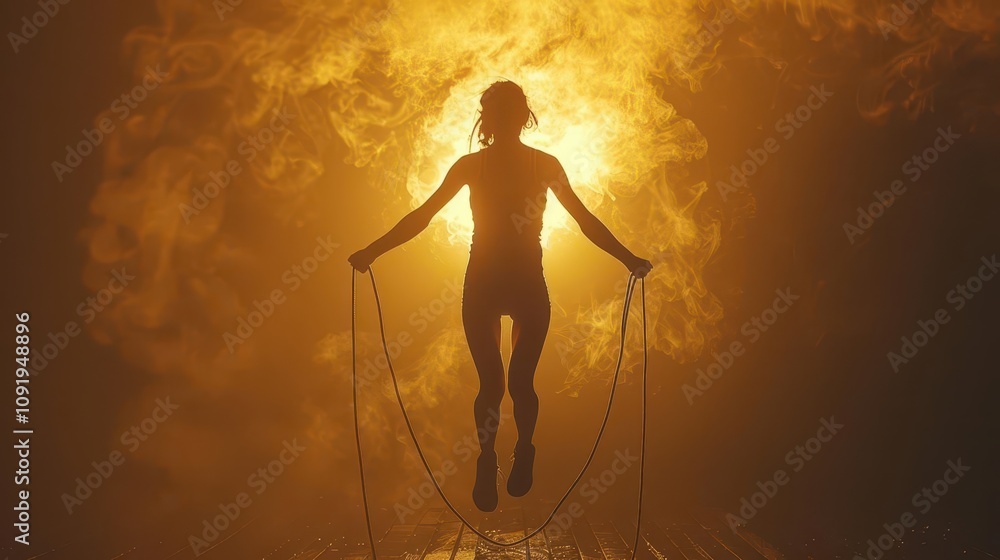 Fototapeta premium A silhouette of a person jumping rope, with a dynamic, energetic background
