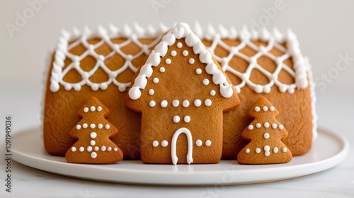 Gingerbread house with decorative icing and trees.