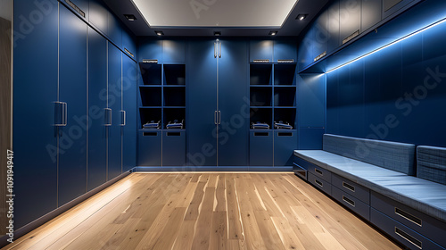 luxury sports locker room, a modern, luxurious locker room featuring four empty cubbies with jerseys, padded bench seats, and stylish lighting photo