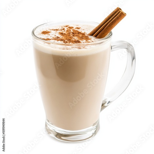 A creamy coconut chai latte with cinnamon sprinkle, in a glass mug, isolated white background