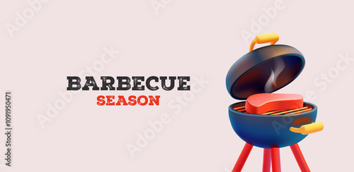 3D metal open round grill with meat and aromatic smoke, 3D. For concepts of barbecue, picnic in nature, leisure, delicious food. Vector illustration.