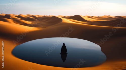 Serene desert scene gentle dunes bathed in golden sunlight, with tranquil oasis reflecting the sky. solitary figure at the wateredge evokes solitude and contemplation. photo