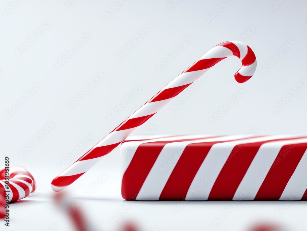 Obraz premium Red and white striped candy cane on a striped surface against a white background.