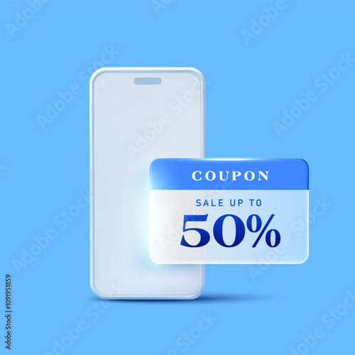 3d mobile coupon in front of a blank white screen smartphone with coupon code, percent price off, isolated on blue background. Gift voucher smartphone scan icon in 3d vector. Vector illustration