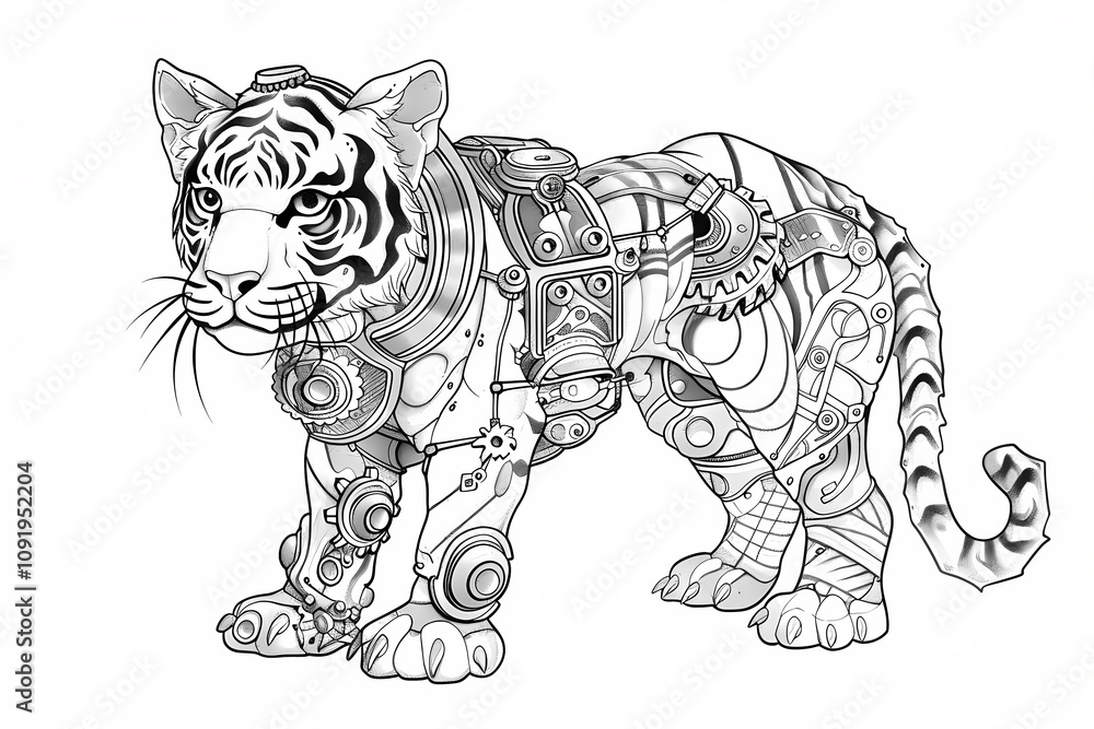 Fototapeta premium A majestic robotic tiger with intricate mechanical detailing and a fierce expression, blending nature with technology in a striking monochrome design.