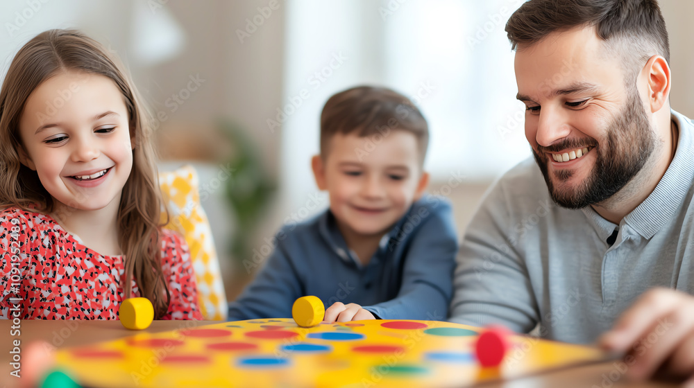 Fototapeta premium A joyful family playing a colorful board game together, showcasing smiles and a fun bonding experience in a cozy setting.